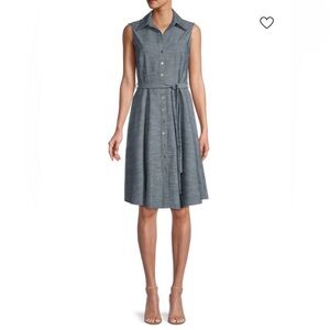 SHARAGANO Belted A-Line Chambray Dress sleeveless button down size 10
